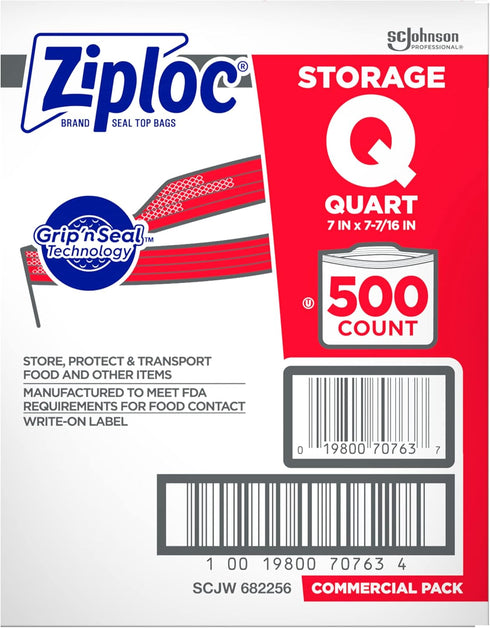 SC Johnson Professional Ziploc Storage Bags, Food Organization & Storage, Double Zipper, Quart, 500 Count