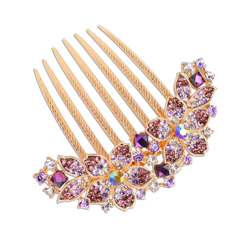 Women Rhinestone Inlaid Flower Hair Comb, Hairpin Barrette Accessory, Perfect Mother's Day Gifts (Purple)