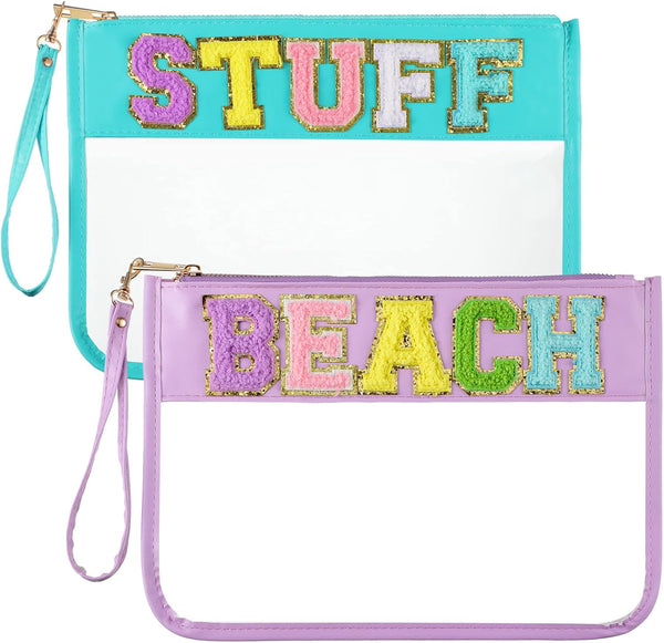 Sanwuta 2 Pcs Chenille Letter Clear Zipper Pouch - Transparent Travel Makeup Bag for Women (Beach Stuff, 11.8 x 8.2