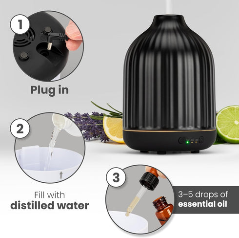 MALM (250ml) Ceramic Diffuser - Essential Oil Diffuser Black - Aromatherapy Diffuser - Non Toxic Oil Diffuser for Home