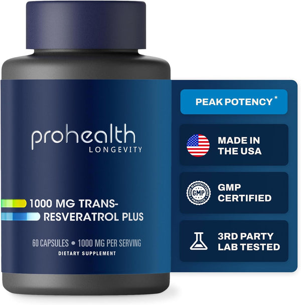 ProHealth Resveratrol 1000mg | Pure Trans-Resveratrol with Quercetin, Red Wine & Green Tea Extract | 60 Capsules