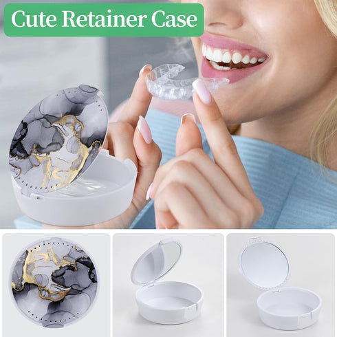 Retainer Case, Cute Mouth Guard Case with Mirror and Ventilation, Orthodontic Aligner Case (Gray Marble)