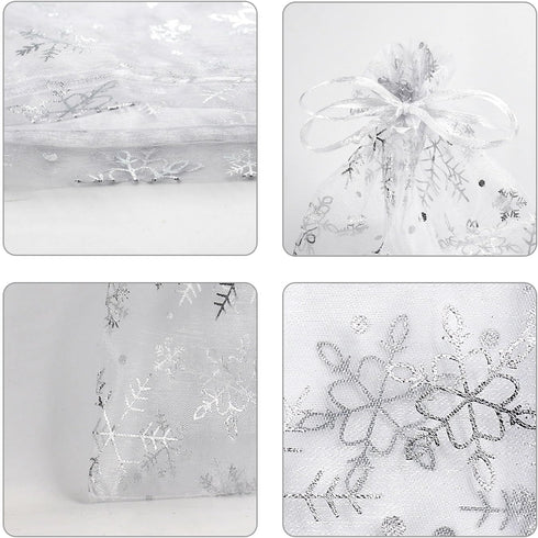 SUNGULF 100pcs Snowflake Organza Pouch Bag - Drawstring Strong Christmas Gift Candy Jewelry Party Wedding Favor Bags