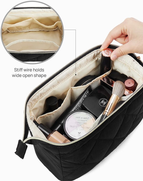 Telena Puffer Makeup Bags for Women: Nylon Puffy Padded Makeup Organizer Case, Wide-Open Travel Pouch