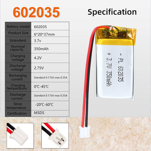 YDL 3.7V 350mAh 602035 Lipo Battery, Rechargeable Lithium Polymer Ion Battery Pack with PH2.0mm JST Connector