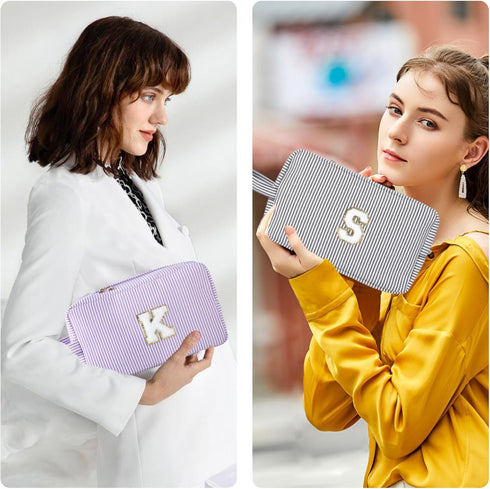 Personalized Initial Makeup Bag A-Z, Travel Toiletry Bag Monogram Make Up Bags Preppy Cosmetic Bag Cute Makeup Pouch Birthday Graduation Gifts Bags for Women Teen Girls Friends (Purple, V)