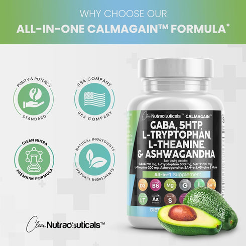 Clean Nutraceuticals GABA 750mg - Mood Support Vitamins with 5 HTP, L Tryptophan, Ashwagandha & More