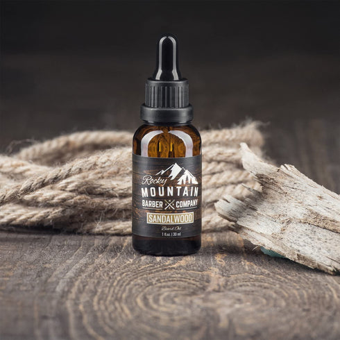 Rocky Mountain Barber Company Men’s Sandalwood Beard Oil with Grapeseed, Coconut, Argan Oils & Real Sandalwood