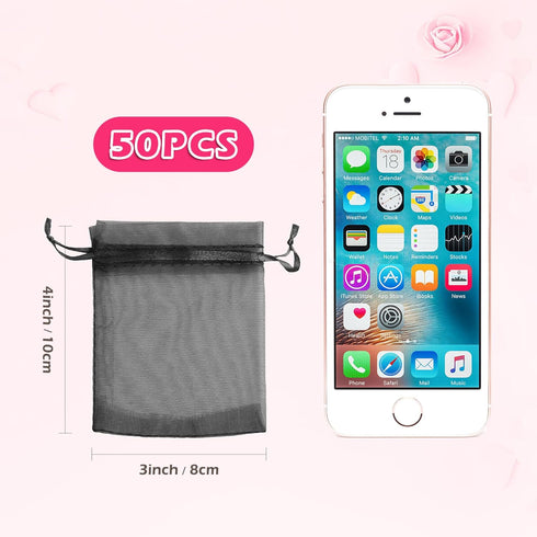 ANZNKU 50 Pack Premium Sheer Organza Bags 3x4 Inch, Small Gift Bags With Drawstring Mesh Bags Candy Bags Jewelry Bags Party Favor Bags (Black)
