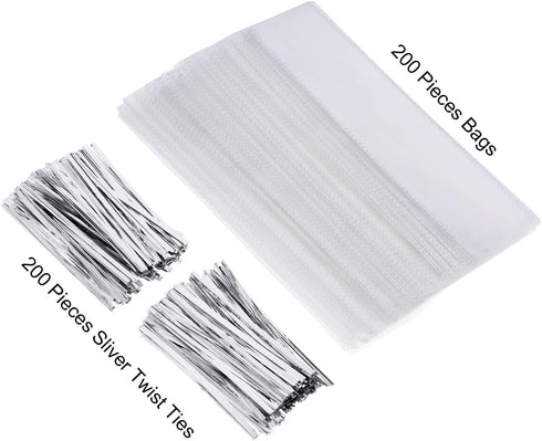Pangda 200 Pcs Clear Pretzel Bags, 2 x 10 Inches with 200 Twist Ties for Chocolate Candies Cookies