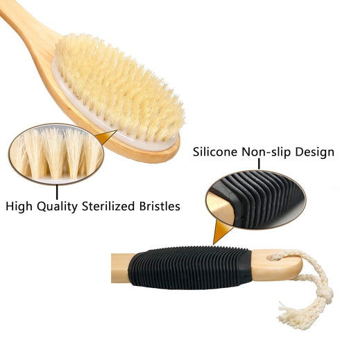 OWIIZI Wooden Curved Bath Brush with Long Handle - Antiskid Shower Brush for Exfoliating, Natural Bristle