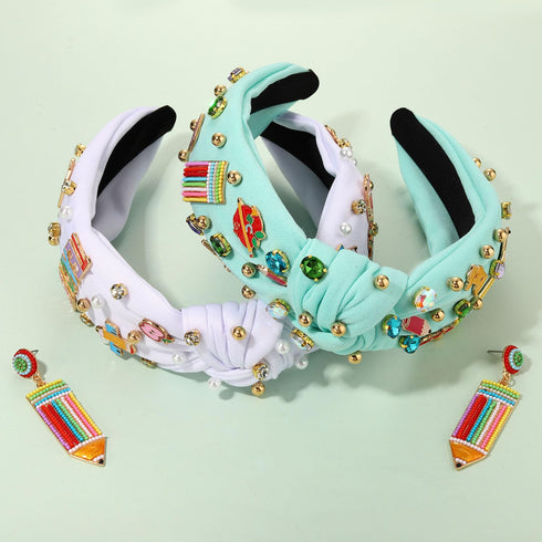Teacher Headbands for Women, Pencil Printed Wide Knotted Headbands, Back To School Gifts (Pattern E)