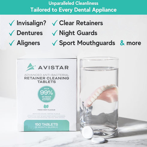 Retainer Cleaner Tablets, Mint Flavor Denture Cleaning Tablets & Invisalign Cleaner, 150 Count for Oral Dental Care
