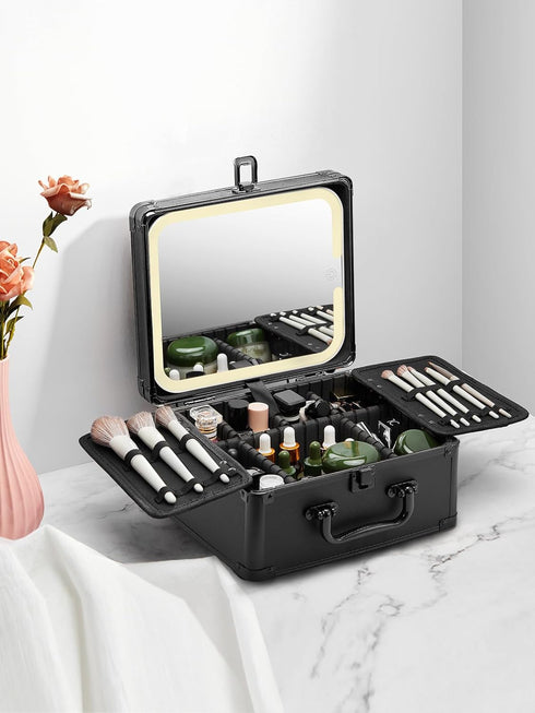 Qislee Makeup Box with Detachable Lighted Mirror, Waterproof Travel Case, Cosmetic Organizer with Adjustable Dividers