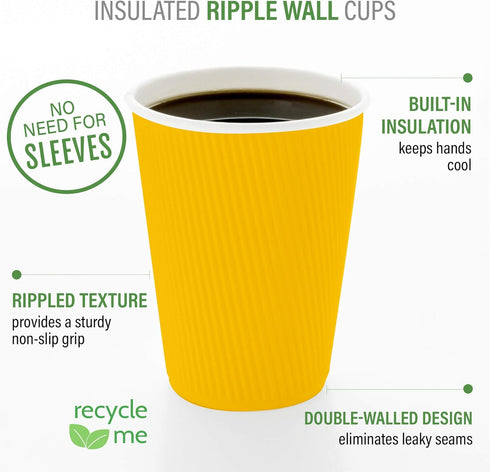 Restaurantware 4 Ounce Paper Coffee Cups, 25 Disposable Ripple Wall Cups, Leakproof, Yellow Paper Hot Cups