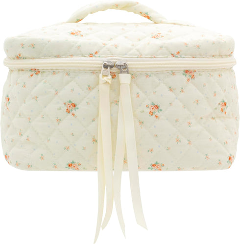 PAZIMIIK Cotton Makeup Bag for Women, Large Quilted Travel Cosmetic Case, Floral White Make Up Organizer for Girls