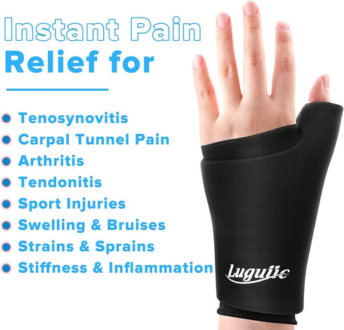 Wearable Thumb Wrist Ice Pack - Reusable Hot Cold Compress for Injuries, Carpal Tunnel, and Swelling, Black-S/M