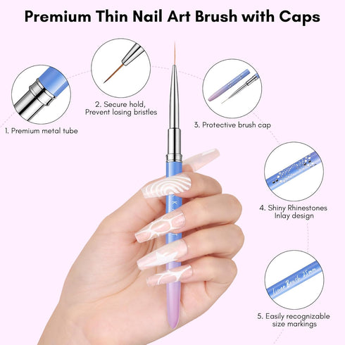 Makartt Nail Art Brush Set, 5pcs Liner Brush for Nails, Thin Nail Art Design Brush with Caps for Gel Polish Painting