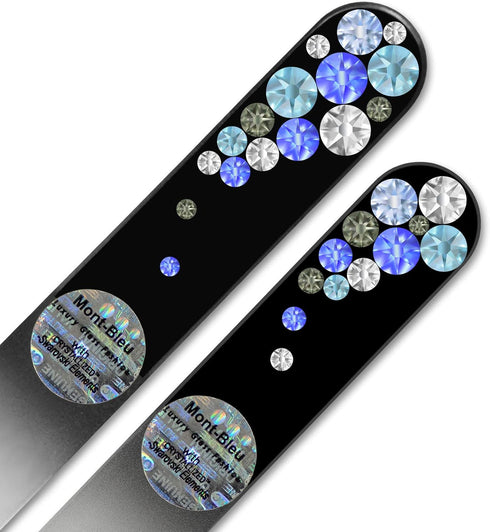 Mont Bleu Premium Set of 2 Glass Nail Files, Hand Decorated with Crystals in Black Velvet Sleeve