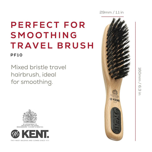 Kent PF10 Natural Boar Bristle Brush for Hair Straightening, Styling, Smoothing - Travel-Friendly