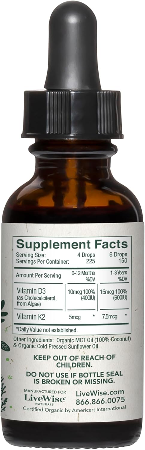 Vitamin D3 and Vitamin K2 Liquid Drops – Baby Vitamin D Drops for Infants w/ Vitamin K for Optimal Absorption – Vitamin D3 K2 Supplement w/ Organic MCT Oil Supports Healthy Bones, Brain, Immune System