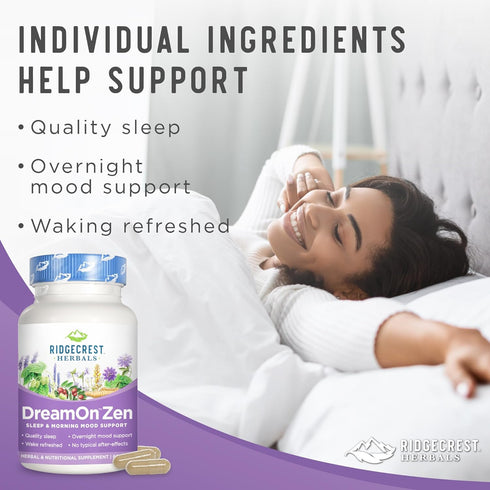 Ridgecrest Herbals DreamOn Zen Sleep Support Supplement, Melatonin Free, 60 Caps for Adults and Children 12+