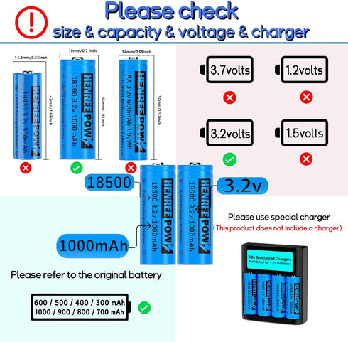 Henreepow 18500 3.2v Rechargeable Battery, 3.2v LiFePO4 Lithium Phosphate Battery 1000mAh for Outdoor Garden Solar Lights, Flashlight (2 Pack)