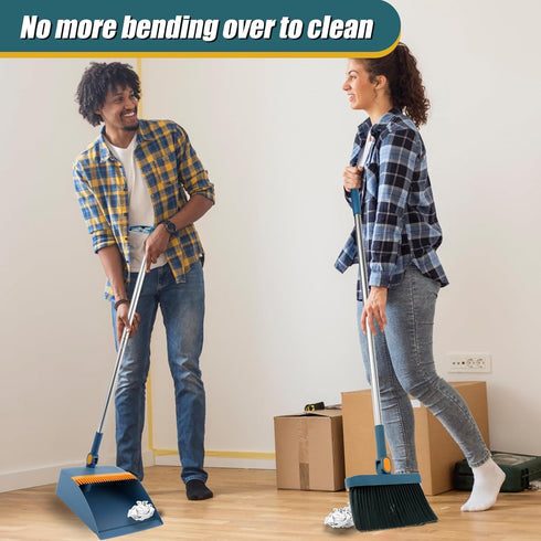 3Pcs Floor Sweeping Set - Broom and Dustpan Combo for Home, 180° Rotating Indoor Broom, Foldable Dustpan (Blue)