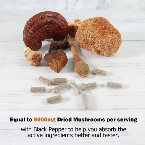 14 Mushrooms Supplement 120 Capsules - Immune System Booster & Nootropic Brain Supplement with Black Pepper