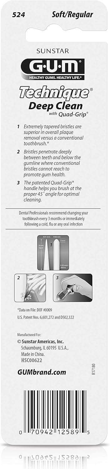 GUM Technique Deep Clean Toothbrush - Soft Full Head for Adults with Sensitive Gums - Extra Fine Bristles, 2ct