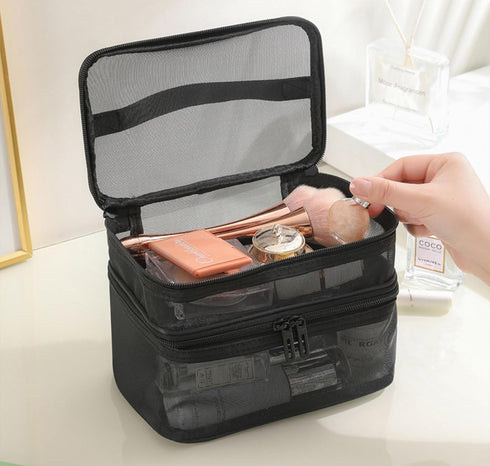 Tosnail Set of 3 Mesh Zipper Bags with Handle, Black Travel Toiletry Bag, Portable Organizer for Makeup & Skincare