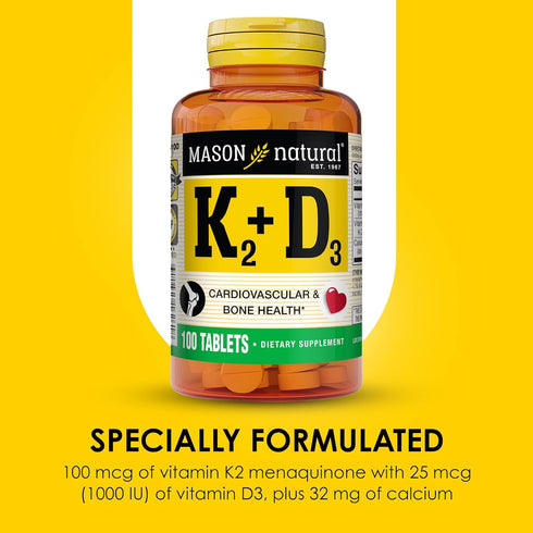 K2 D3, 300,Day 100 (Pack 3) MASON NATURAL Vitamin + Supply, with Calcium for Normal Bone and Muscle Support, Tablets