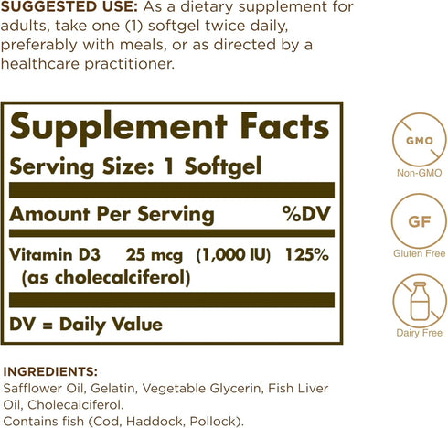 Solgar Vitamin D3 (Cholecalciferol) 25 MCG (1000 IU), 250 Softgels - Helps Maintain Healthy Bones & Teeth - Immune System Support - Non-GMO, Gluten Free, Dairy Free - 250 Servings