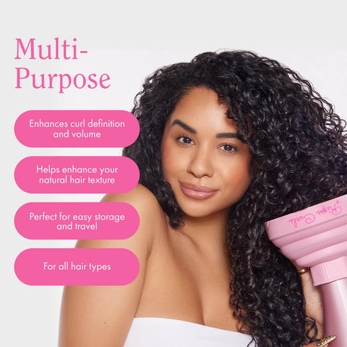 Rizos Curls Collapsible Hair Diffuser, Pink, Enhances Curl Definition, Volume, Fits Most Hair Dryers, Dries Curls Faster