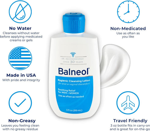 Balneol Hygienic Cleansing Lotion for Women and Men, Soothing Relief for Pain, Itch, and Discomfort, 3 oz