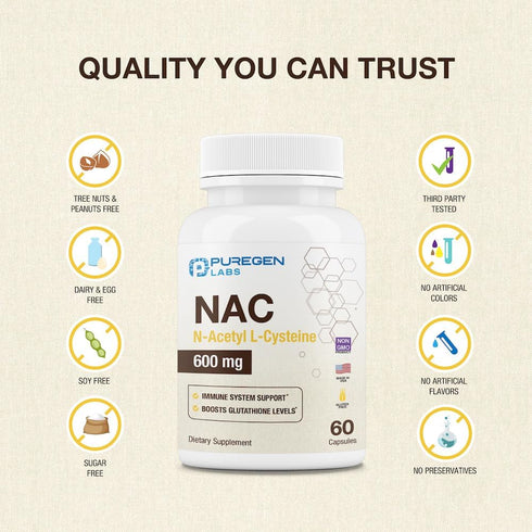 Puregen Labs N-Acetyl-L-Cysteine (NAC) 600mg, Immune and Respiratory Support, Antioxidant, 120 Veggie Capsules