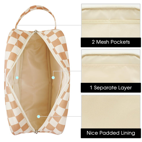 Narwey Travel Toiletry Bag for Women, Dopp Kit Makeup Organizer for Toiletries and Cosmetics (Light Brown Checkerboard)