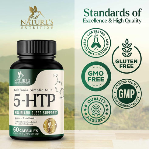 5 HTP Supplement 60 Count, 200 mg 5HTP Plus Calcium for Brain Mood and Sleep Support, Vegetarian & Non-GMO