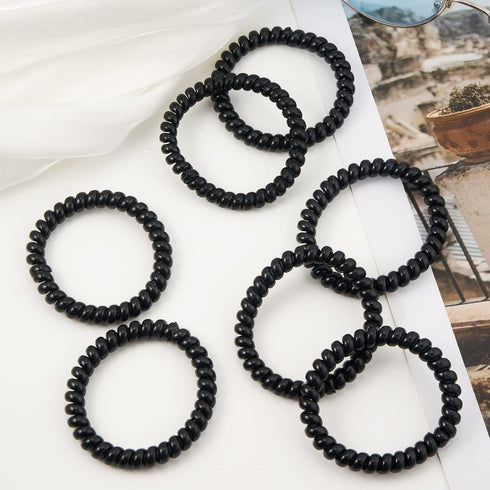 Spiral Hair Ties (Thin Black, 12 Pcs) - No Crease Plastic Coil Ponytail Holders for Women