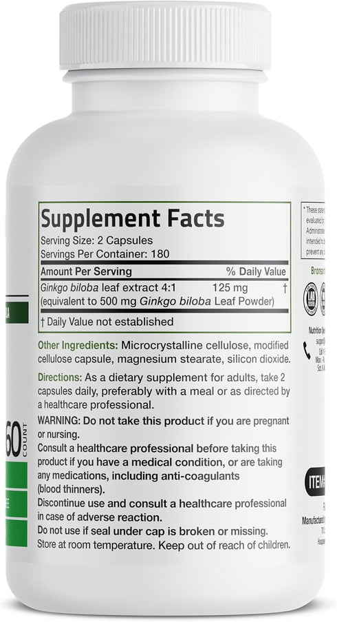 Bronson Ginkgo Biloba Extra Supports Brain Function & Memory Support, 360 Vegetarian Capsules