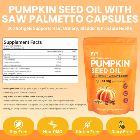 PYY 300 Cold-Pressed Pumpkin Seed Oil & Saw Palmetto Softgels | Capsules | Rich in Essential Fatty Acids & Phytosterols