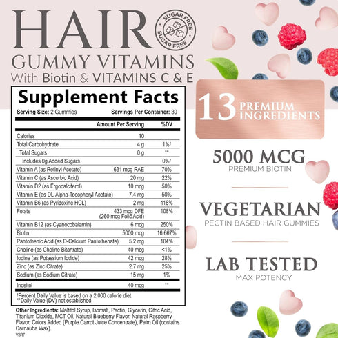 Sugar Free Hair Vitamins Gummies with Biotin 5000 mcg, Vitamin A, B12, C, D, E, Folic Acid, Supports Hair Growth Gummy, Vegetarian Friendly, Supports Strong Beautiful Hair and Nails - 60 Gummies