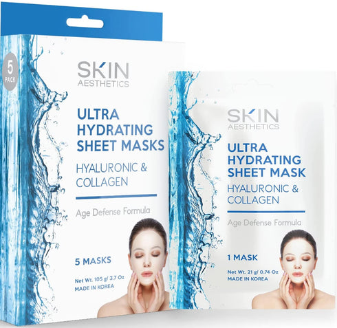 Hyaluronic & Collagen Sheet Face Mask - Skin Firming & Anti-Aging, Ultra Hydrating Sheet Mask - 5 Masks