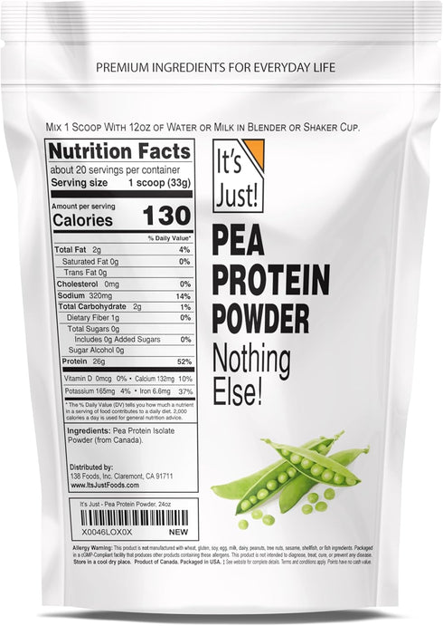 It's Just! (1.5lb Pea Protein Isolate, Plant Based, Premium Quality, Gluten Free, Vegan, Keto Friendly, Product of Canada, Packaged in USA (24 Ounce (Pack of 1), Unflavored)
