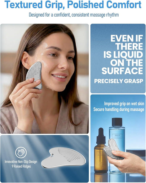 Non-Slip Grip Stainless Steel Gua Sha Tool for Face, Ribbed Facial Guasha Massage Tool, Cooling Metal Face Massager