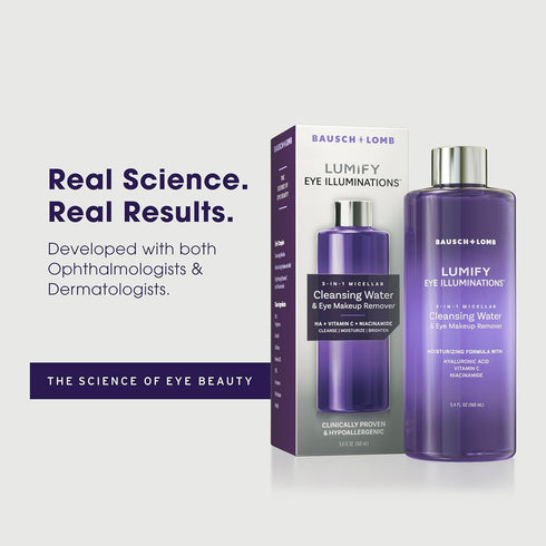 LUMIFY Eye Illuminations Cleansing Water & Eye Makeup Remover, 3-in-1 Micellar Water with Hyaluronic Acid, 160mL