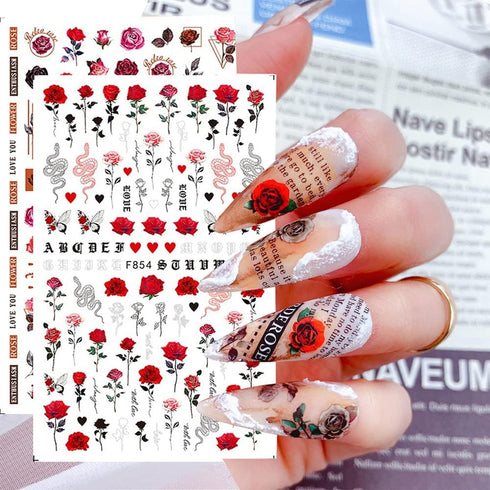 Flower Nail Art Stickers Decals 6 Sheets, Spring Rose 3D Self-Adhesive Nail Stickers for Women