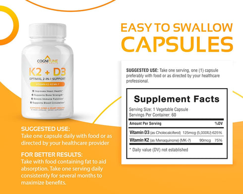 Vitamin D3 5000 IU with Vitamin K2 (MK7) Supplement, Premium Immune, Heart & Bone Health Capsules, 60 Count