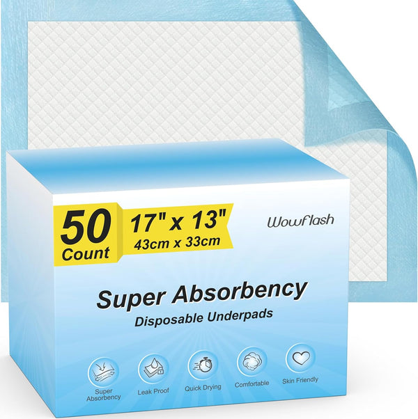 50 Count Super Absorbency Disposable Underpads, Leakproof Quick Drying Disposable Pads for Baby and Adults
