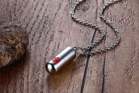 DIB Stainless Steel Medical Alert ID Pill Bottle Pendant Necklace, 20" Free Chain